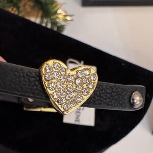 BCBG Black Leather Heart Charm Bracelet